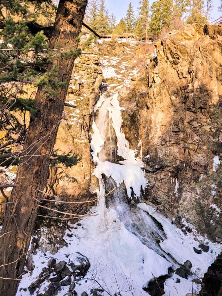 Semi frozen waterfall in the winter is one of the best winter hikes in the region with no 4x4.