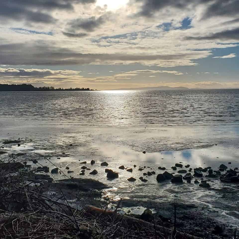 Afternoon sunlight reflecting in Boundary Bay in Surrey BC Canada.