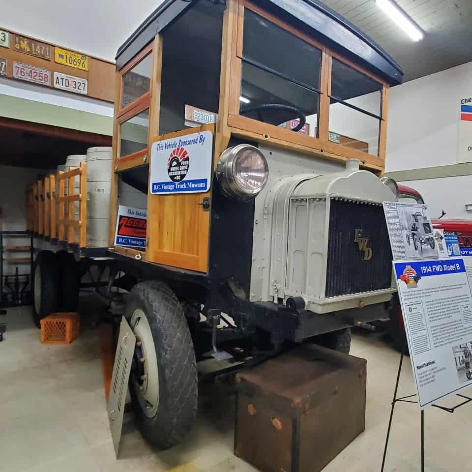 This vehicle was built in Wisconsin, was used in military service in England. Then was shipped to Vancouver where it was used to haul coal tar and plow snow for BC Electric Railway.