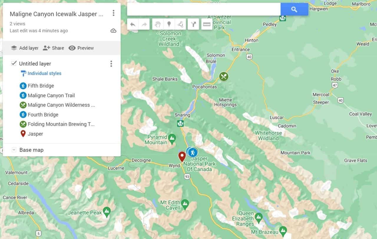 Google map of Maligne Canyon in Jasper National Park