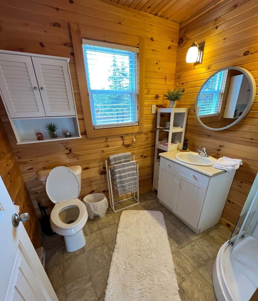 Bathroom washroom pine toilet sink shower mirror