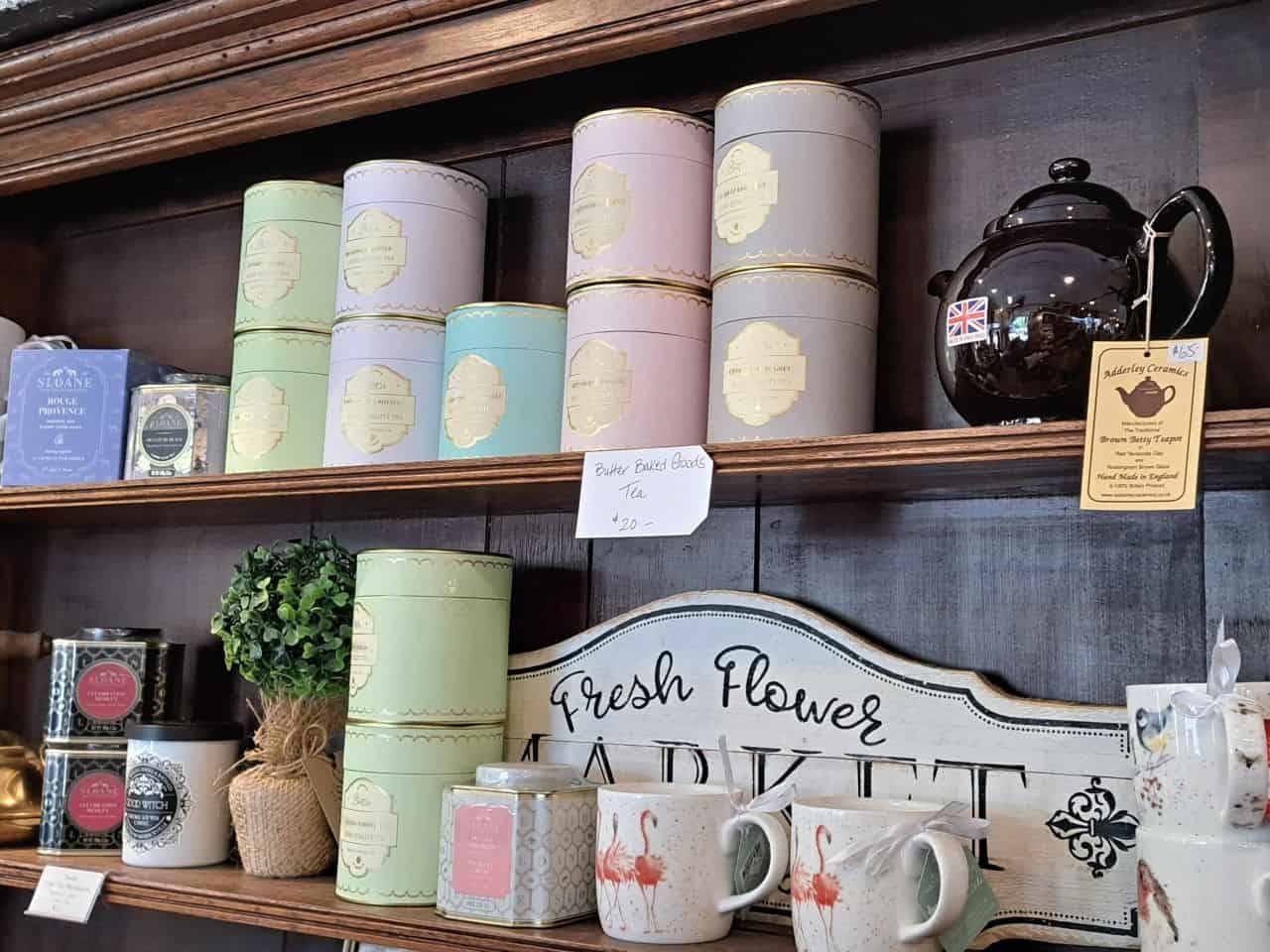 Shelves filled with scented candles, fine teas and kitchenware at Farmhouse in Provence in Fort Langley