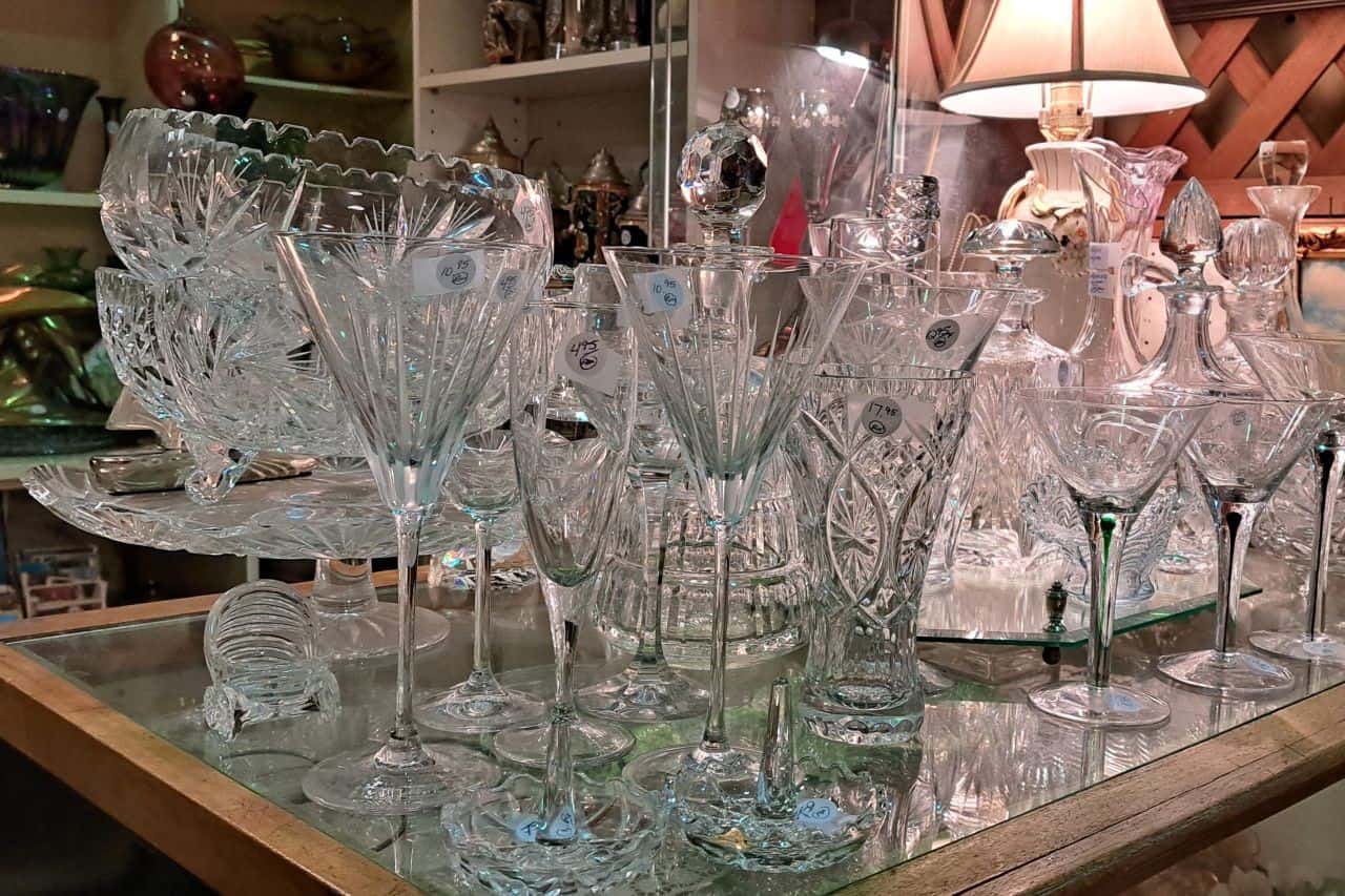 A collection of crystal dishes and glasses