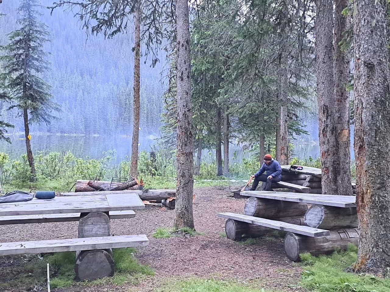 Three picnic tables are available lakeside for campers to enjoy at the Jacques Lake Campground