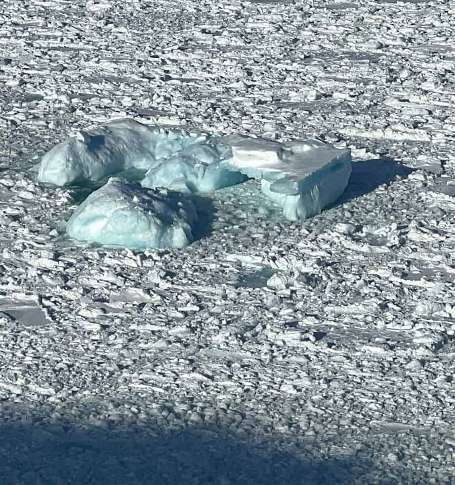 Iceberg and pack sea ice viewed from the East Coast Trail in Iceberg Alley near Middle Cove Newfoundland Canada.