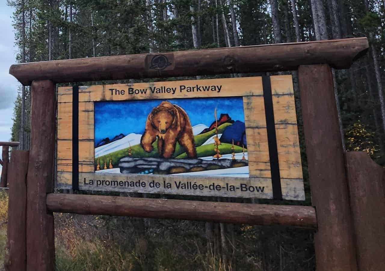 Beautiful Bow Valley Parkway sign at the Lake Louise entrance to the road in Alberta Canada.