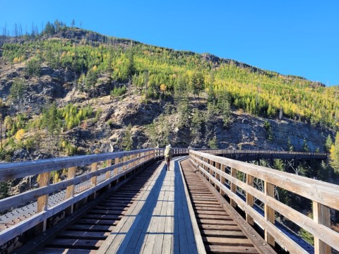A wooden trestle on the Kettle Valley Railway showcases one of the most scenic Trans Canada Trail cycling routes in British Columbia, known for canyon views and historic rail infrastructure.