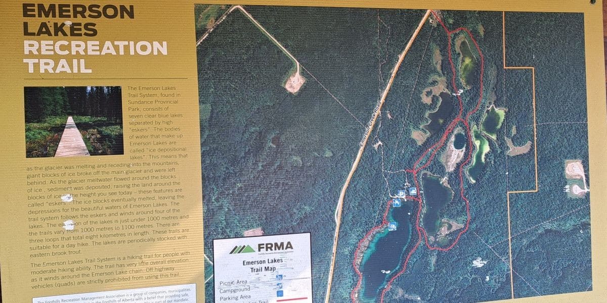 The Emerson Lakes Recreational Trail map and description posted at the campground in Sundance Provincial Park.