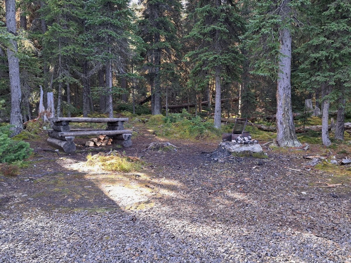 A picnic table, firepit and pit toilets await adventure seekers paddling on Maligne Lake at the Spindly Creek Picnic Area