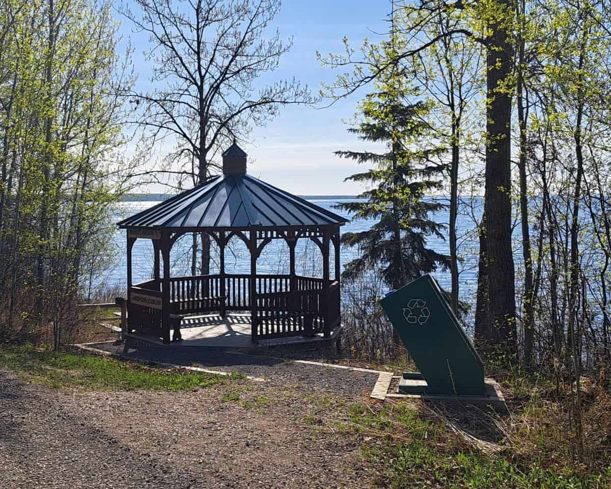 Rundle's Mission Lakeshore Gazebo in Alberta Canada is a sightseeing platform overlooking Pigeon Lake.