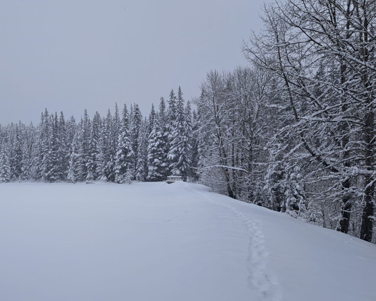 A trail with one set of footprints leads snowshoers alone the lake shore trail around Johnson Lake in Banff, Alberta, Canada.
