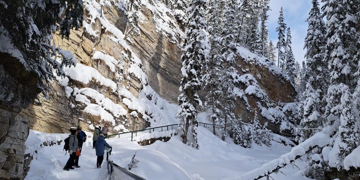As the rockface of the canyon rises the catwalk portion of the Johnston Canyon Trail begins.