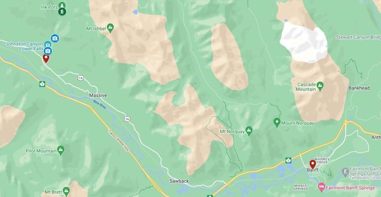 A map shows the Town of Banff, Johnston Canyon trailhead, the lower and upper falls and the hike to the Ink Pots in Banff National Park.