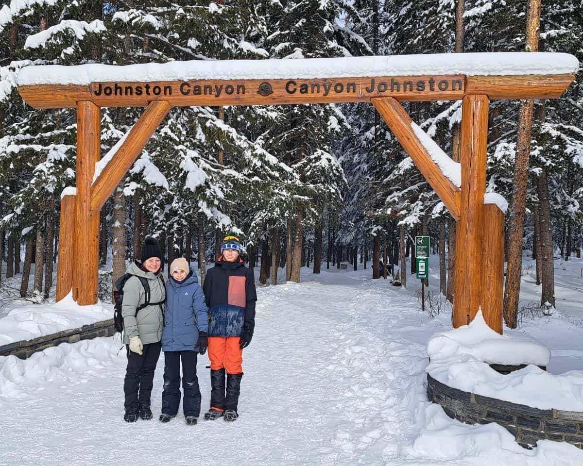 Hiking Johnston Canyon in the Winter at the Trailhead gateway in Banff National Park Alberta Canada