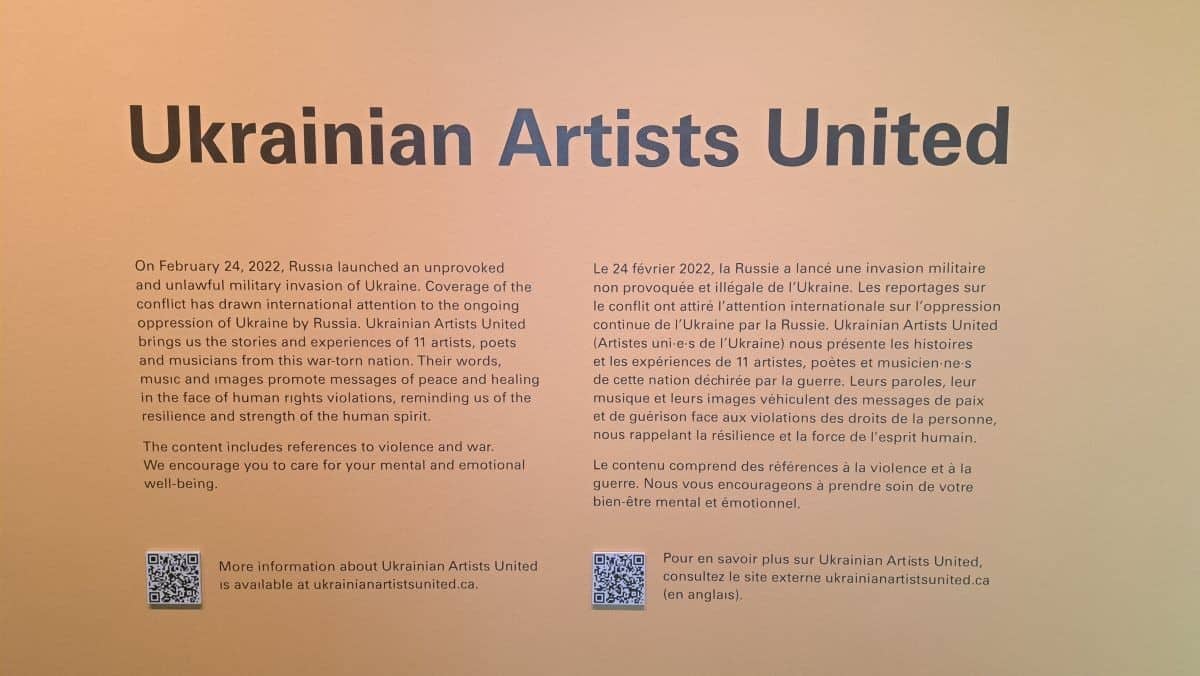 A display featuring 11 Ukranian artists calling for peac and healing despite the human rights violations occuring in their country as a result of Russia's unlawful invasion.