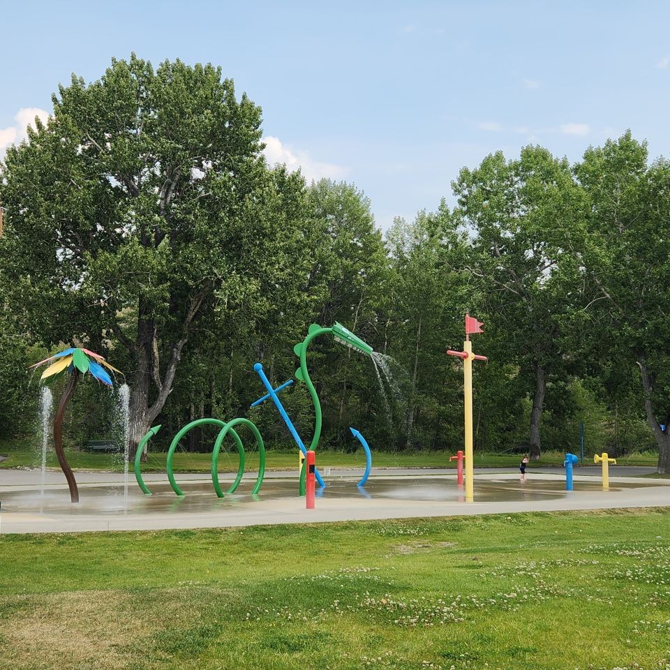 Flumerfelt Park is located along the Crowsnest Hwy in Coleman Alberta Canada. This park has many featuring including this awesome spray Park open from June to September.