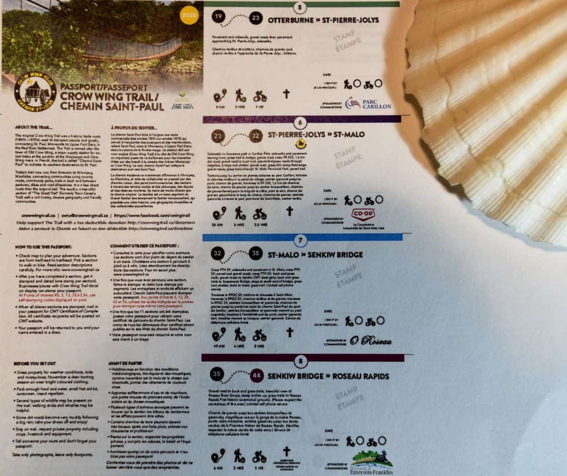 A detailed look at the Canadian Camino credential shows maps, stamp locations, and key route information for the Crow Wing Trail / Chemin St. Paul, helping pilgrims navigate Manitoba’s prairie Camino.