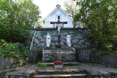 The St. Malo Grotto and Shrine, built in 1896 and modeled after Lourdes, France, offers pilgrims on the Crow Wing Trail / Chemin St. Paul a serene place for reflection and spiritual connection.