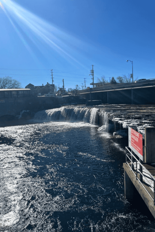 Waterfalls near Lock 34 in Fenelon Falls, Ontario, shine in the winter sunlight. A National Historic Site of Canada.