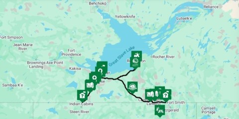 A trip map of the Wood Buffalo Waterfall Route in the Northwest Territories that shows roadside attractions and scenic viewpoints.