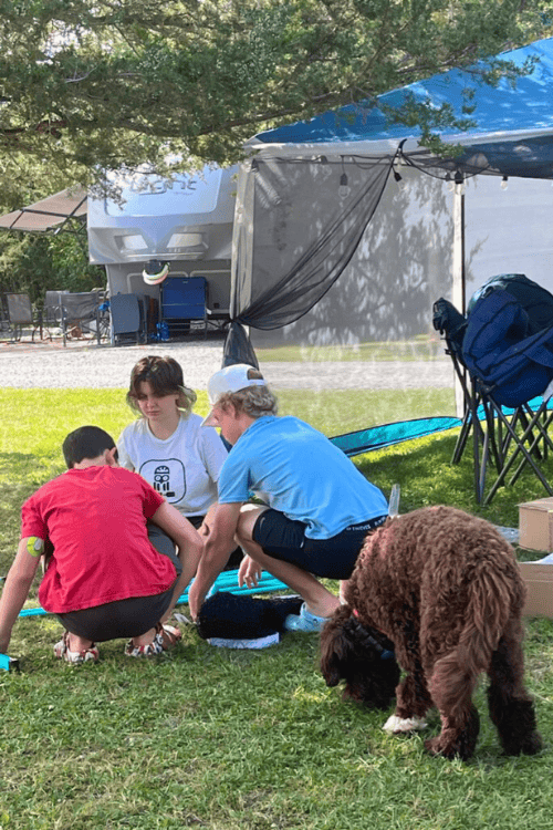 Three teens at the campsite building a portable pickle ball net while being supervised by a brown dog.