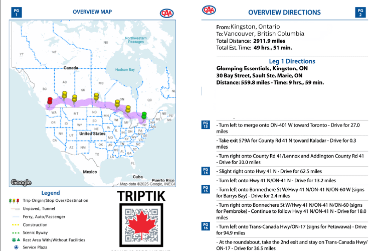 The travel route from Kingston, Ontario, to Vancouver, British Columbia, as provided by CAA TripTiks applications