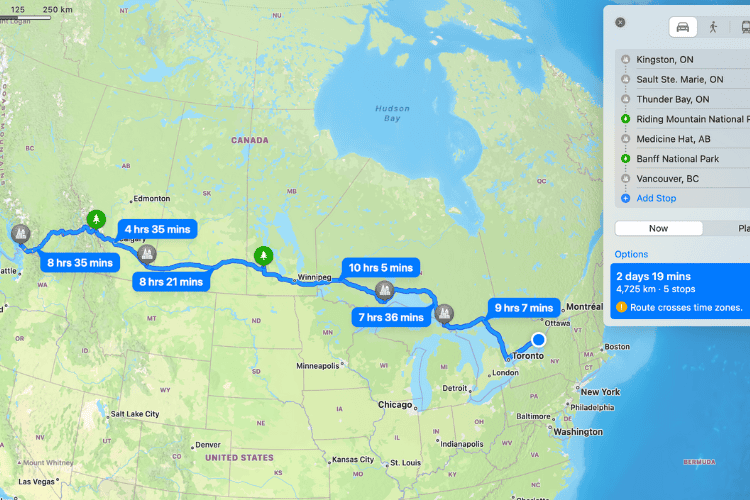 A map of Canada showing a route from Kingston, Ontario, to Vancouver, British Columbia