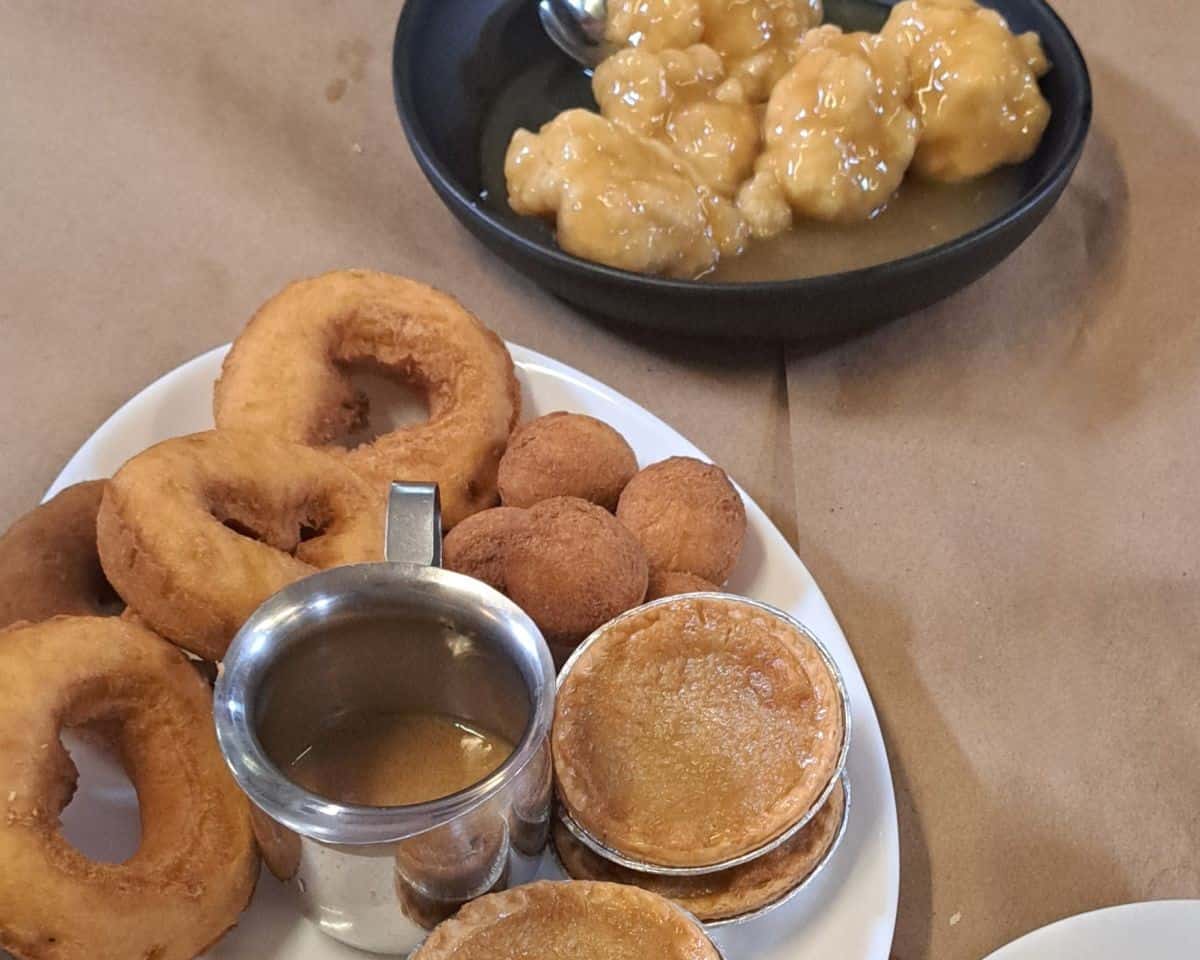 Donuts, donut holes (aka Tim Bits), maple sugar tarts with extra maple sauce to pour over the desserts are favourites at maple syrup sugar shack meals in Quebec. Grandperes, are another delicious maple syrup dessert, these are more like dumplings.
