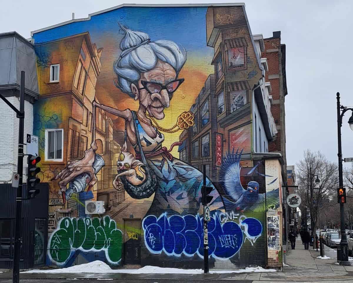 Cultural adventure seekers will love Montreal. It is working hard to be the mural capital of the world! Street art and large scale murals are very popular in Montreal. This painting can found in the a traveler friendly area called Le Plateau.