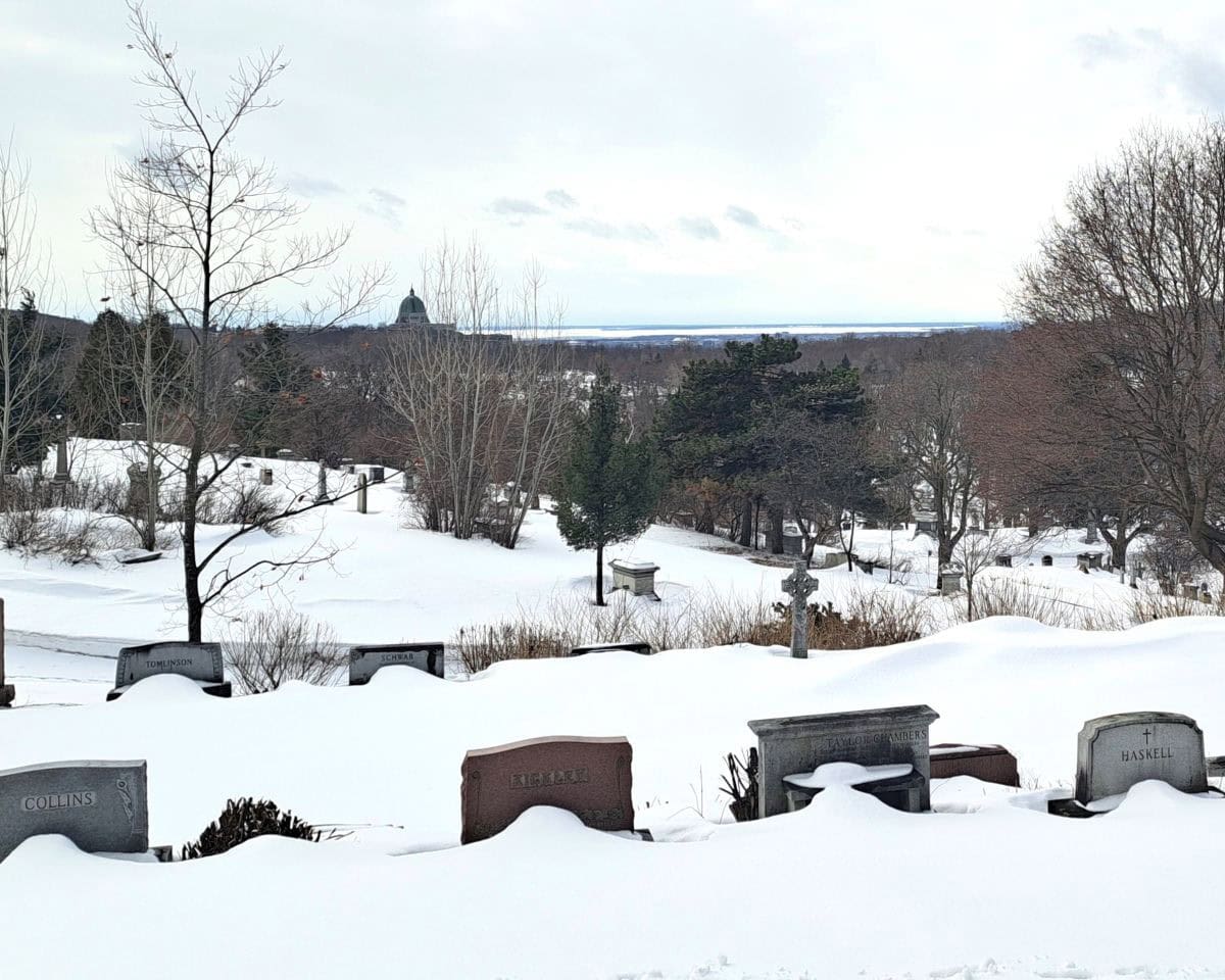 The Mont Royal Cemetary in Montreal has beatiful views on Montreal and the St Lawrence River. The cemetary is a registered Canadian National Historic Site.