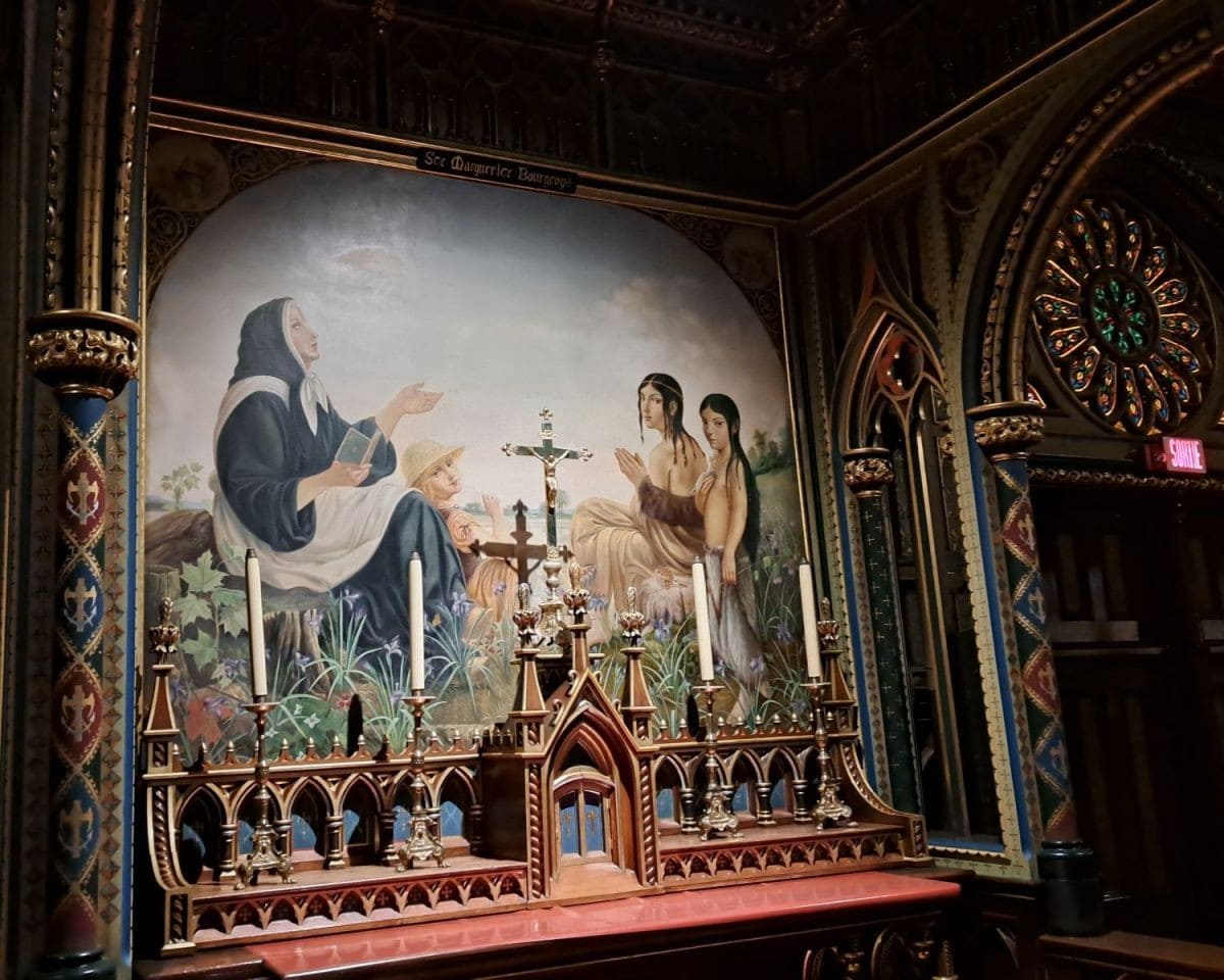 This painting in the Notre Dame Basilica in Old Montreal is part of Moment Factory's The AURA Experience illuminated stations for guests to enjoy before the main show.