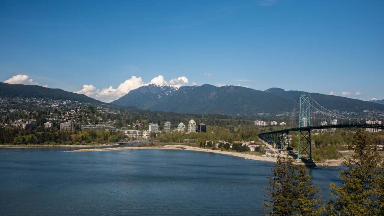 Lions gate bridge from Stanley Park in Vancouver leads to the North and West Vancouver, BC, Canada.