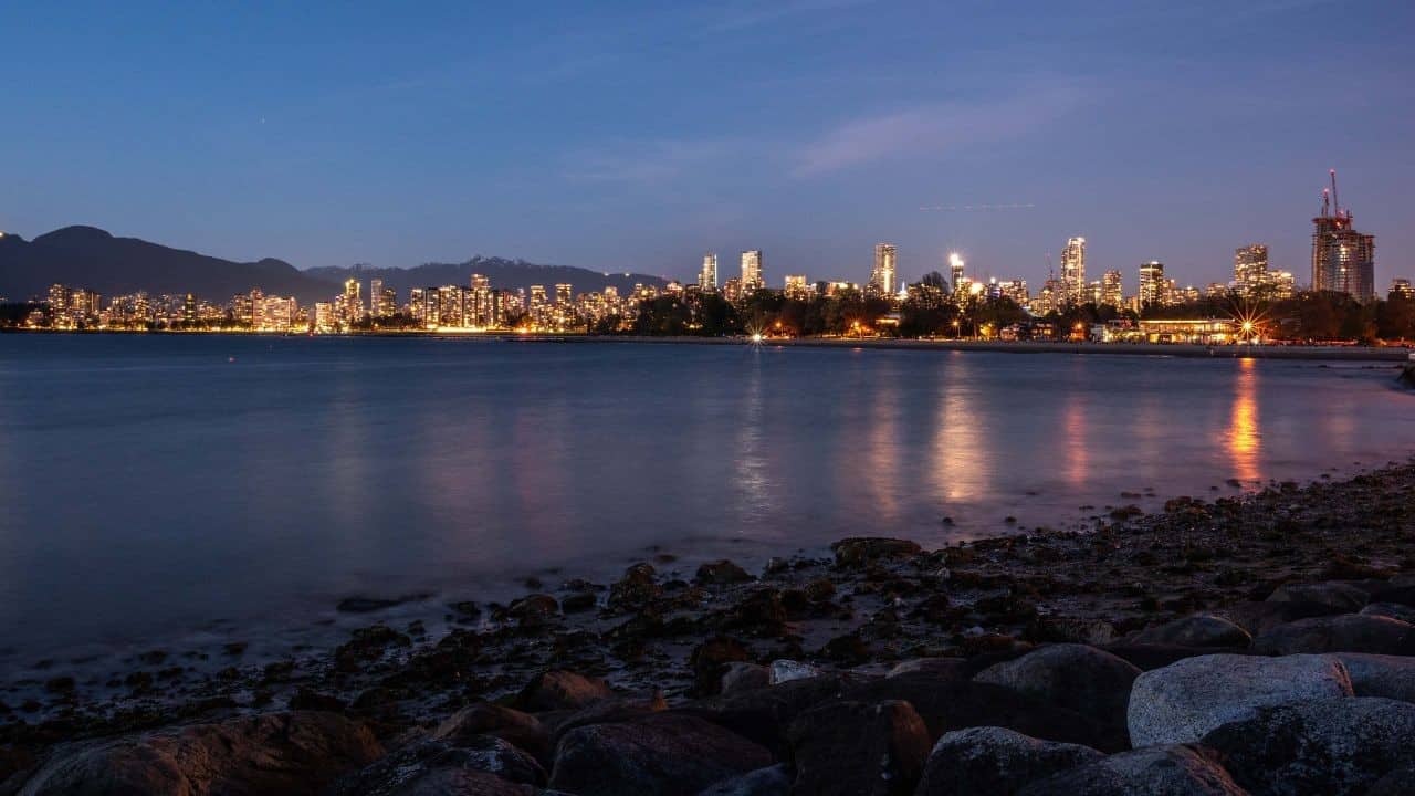 Vancouver BC Canada City Lights Taken From Kitslano Beach After Sunset