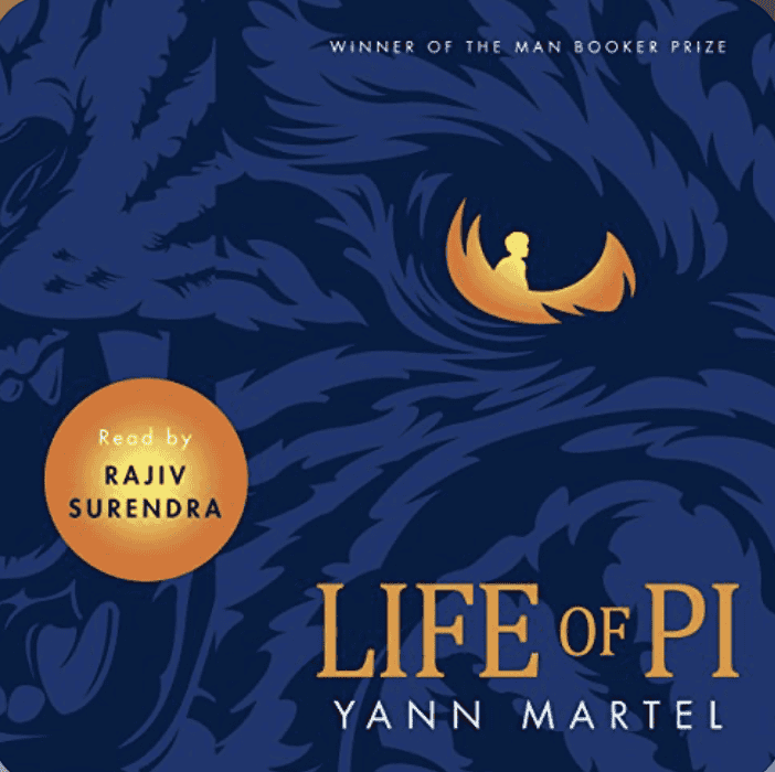 A yellow eye within alternating blue and black lines, cover of the novel Life of Pi