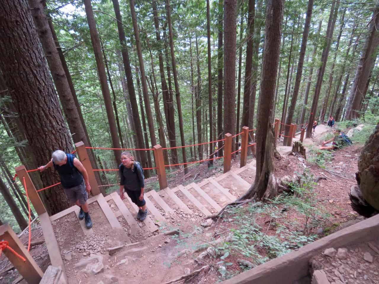 Trail etiquette on the Grouse Grind ensures that slower climbers stay to the right while experienced grinders and those attempting a personal best can pass on the left.