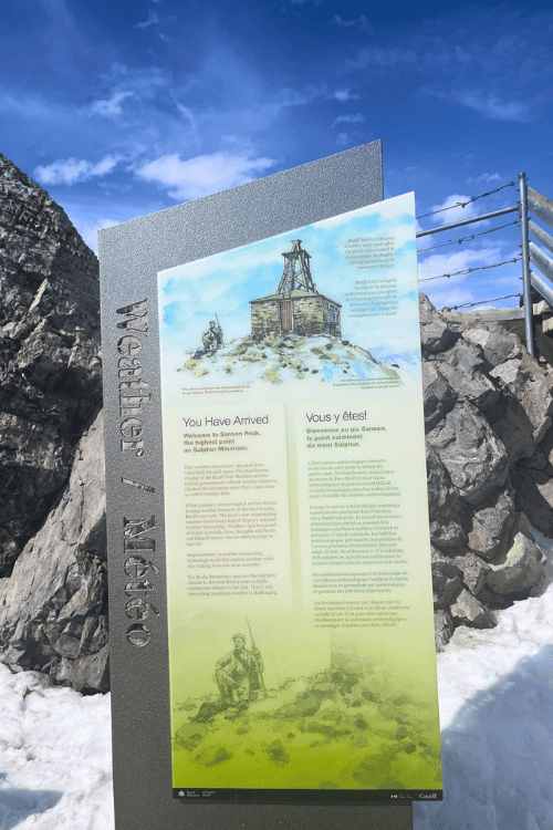 You have arrived, welcome to Sanson Peak, the highest point on Sulphur Mountain, Banff, Alberta, sign.