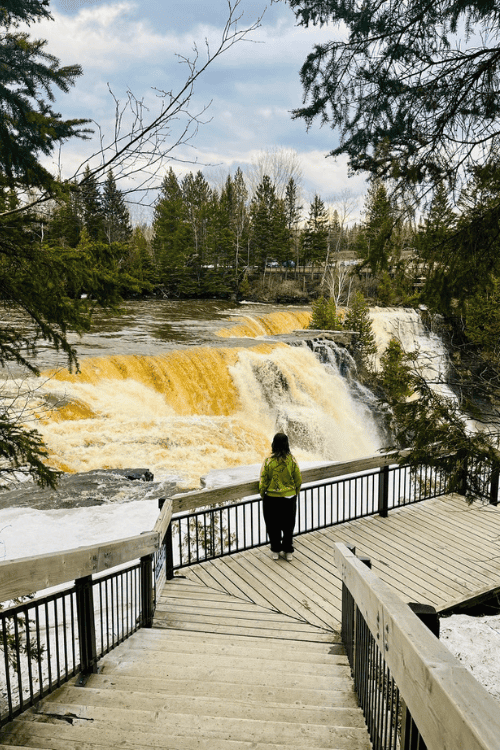 Golden yellow waterfalls of Kakabeka Falls, Ontario. Boardwalk and one observer.