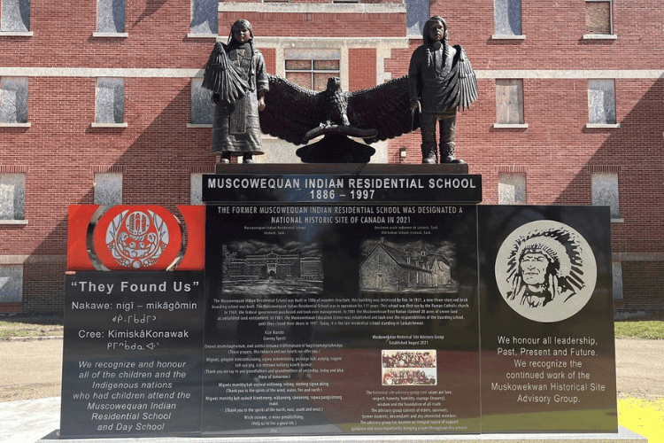 Muscowequan Residential School monument: As Long as the Sun Shines, the Gross Grows and the River Flows.