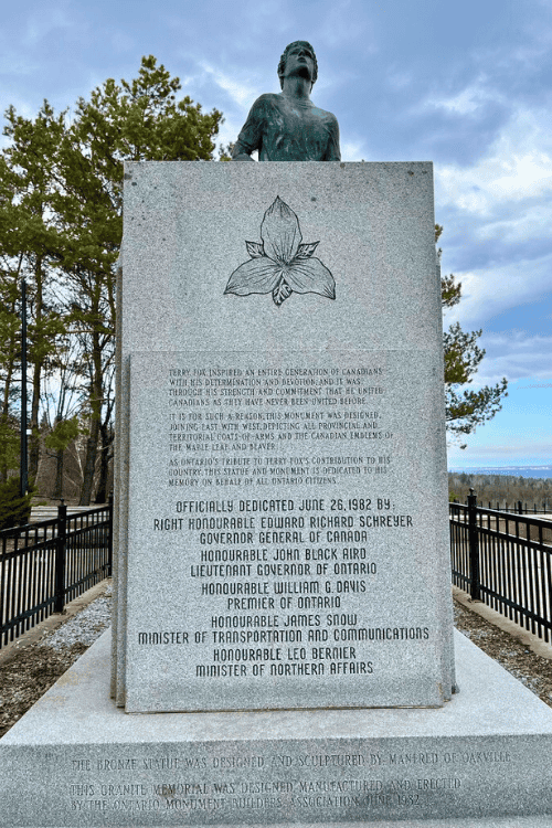 Inscription on the Terry Fox Memorial found in Thunder Bay, Ontario. Terry Fox inspired an entire generation of Canadians with his determination and devotion, and it was through his strength and commitment that he united Canadians as they have never been united before.
