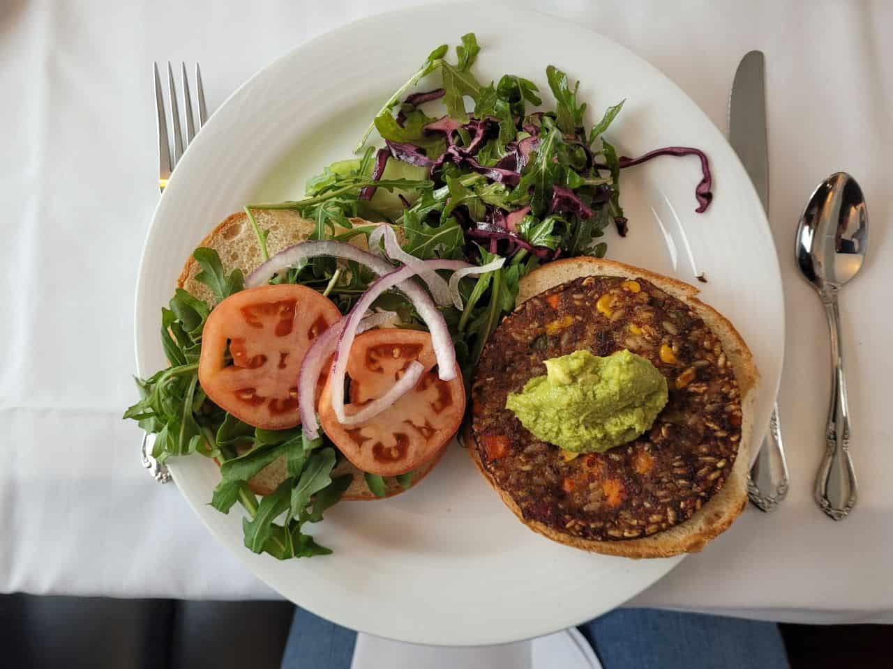 When dining aboard Via Rail's The Ocean lunch and dinner typically consist of a soup or salad, main course, and dessert, with fish, meat, chicken, and vegetarian options availabe for the main course.