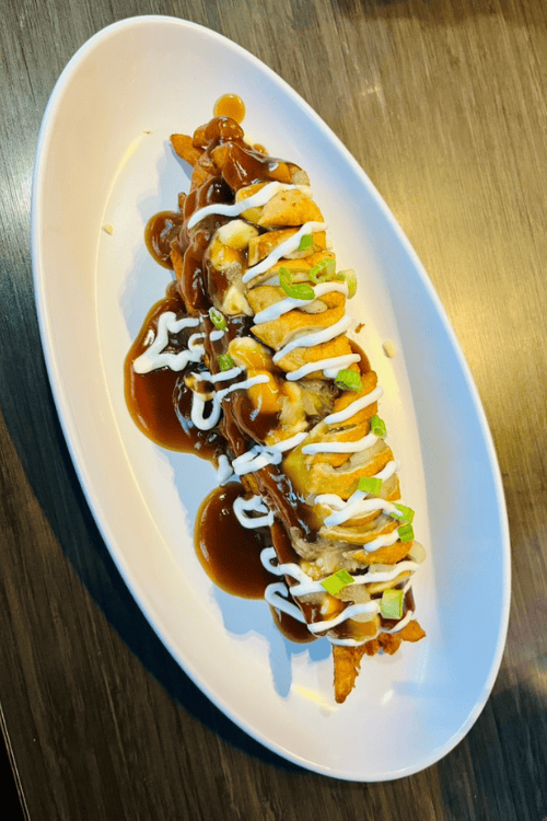 A plate of poutine-style perogies in Saskatchewan, Canada