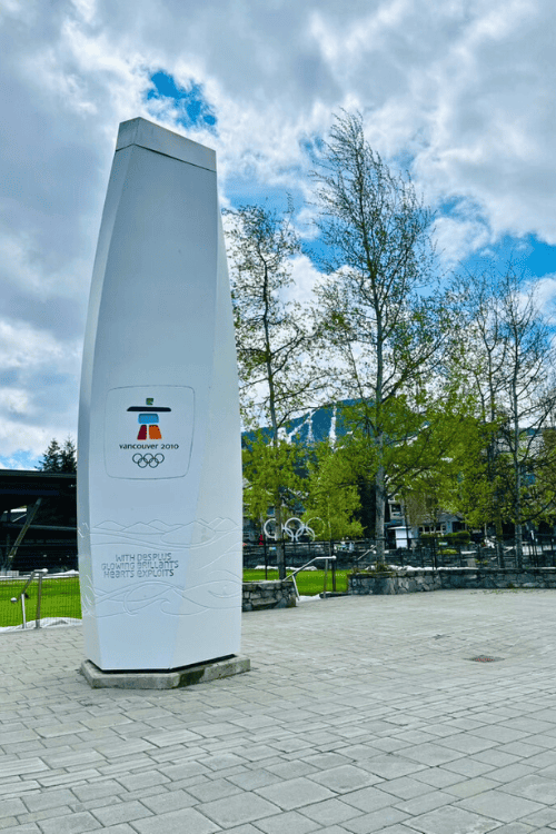 Tall, white monument of the 2010 Winter Olympic torch in Whistler, BC