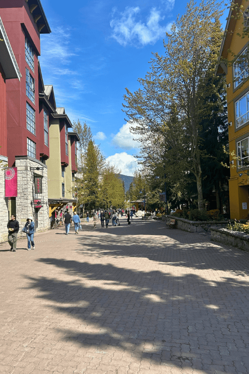 Tree-lined streets of Whistler, BC, with shops, shoppers, and blue sky