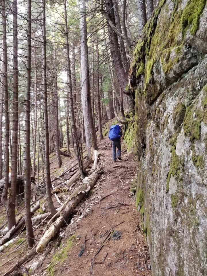 Although elevation changes are relatively minor near the western terminus of the Fundy Footpath, rock scrambling, roots, and uneven footing makes for slow going.