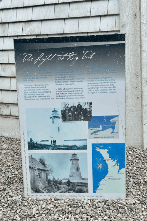 Sign describing the history of lightkeepers of the Big Tub Lighthouse in Tobermory, Ontario,