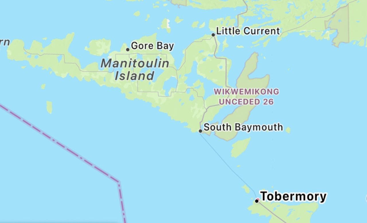 Map of Manitoulin Island showing the Chi-Cheemaun ferry path to Tobermory, Ontario