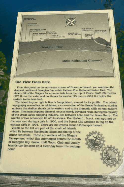 Interpretive sign on Flowerpot Island detailing what can been seen along the horizon.