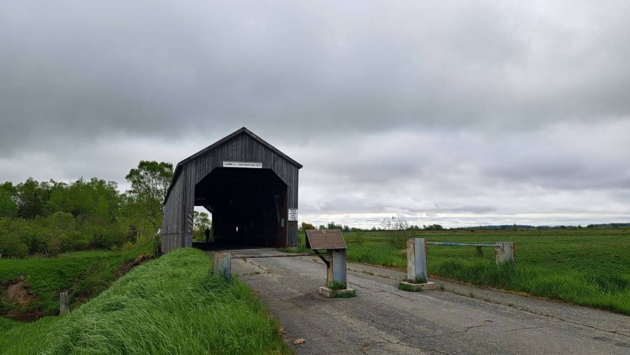 Historic Sawmill Creek Covered Bridge in New Brunswick, built in 1908 and known locally as one of the province’s romantic ‘kissing bridges.’