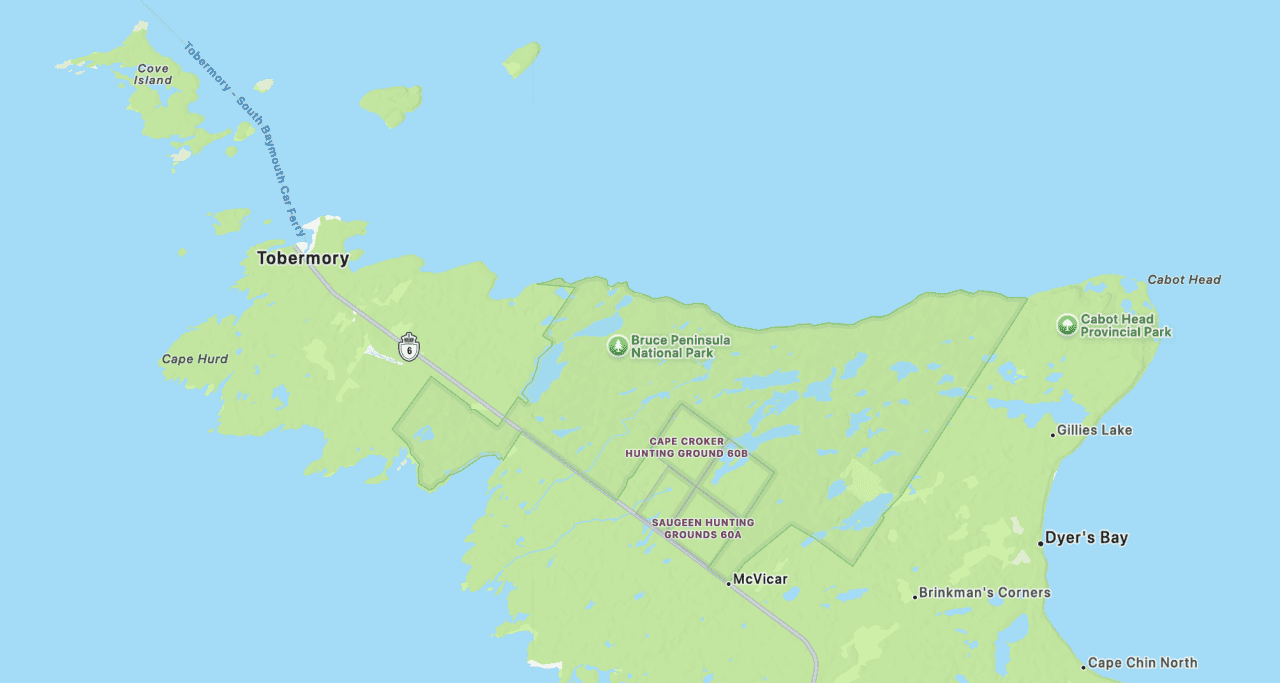 Bruce Peninsula National Park Adventures in Ontario - Map of the tip of the Bruce Peninsula, Ontario, highlighting the region of the Bruce Peninsula National Park.