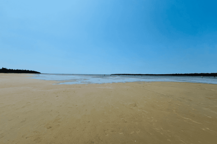 Blue, cloudless sky over sand and shallow water as far as the eye can see, Dorcas Bay, Singing Sands, Ontario